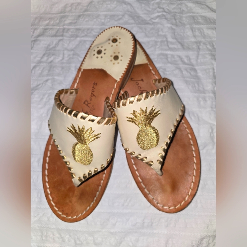 Jack Rogers ivory gold pineapple sandals